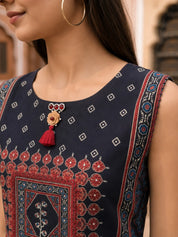Black & Red Printed Sleeveless Kurta Set Solid Palazzo in Muslin