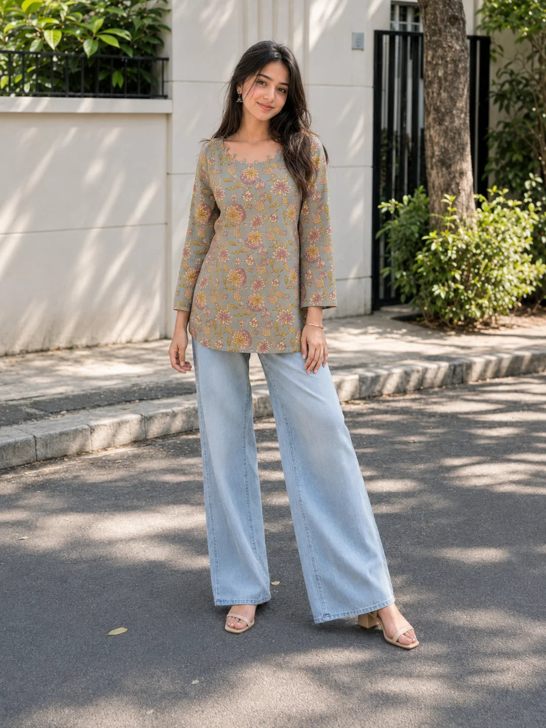 Grey & Brown Jaal Printed Short Kurti in Cotton