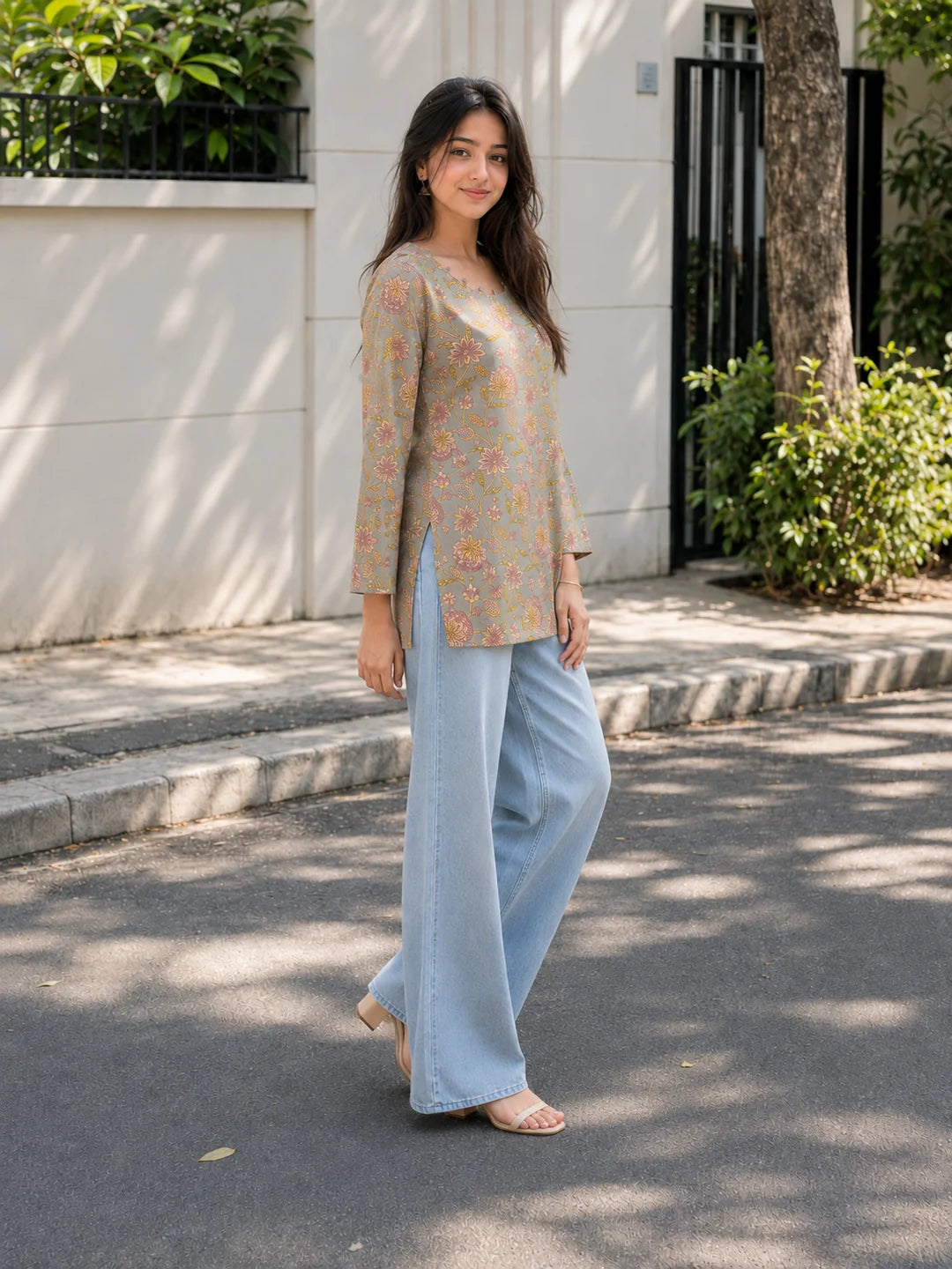 Grey & Brown Jaal Printed Short Kurti in Cotton