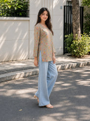 Grey & Brown Jaal Printed Short Kurti in Cotton