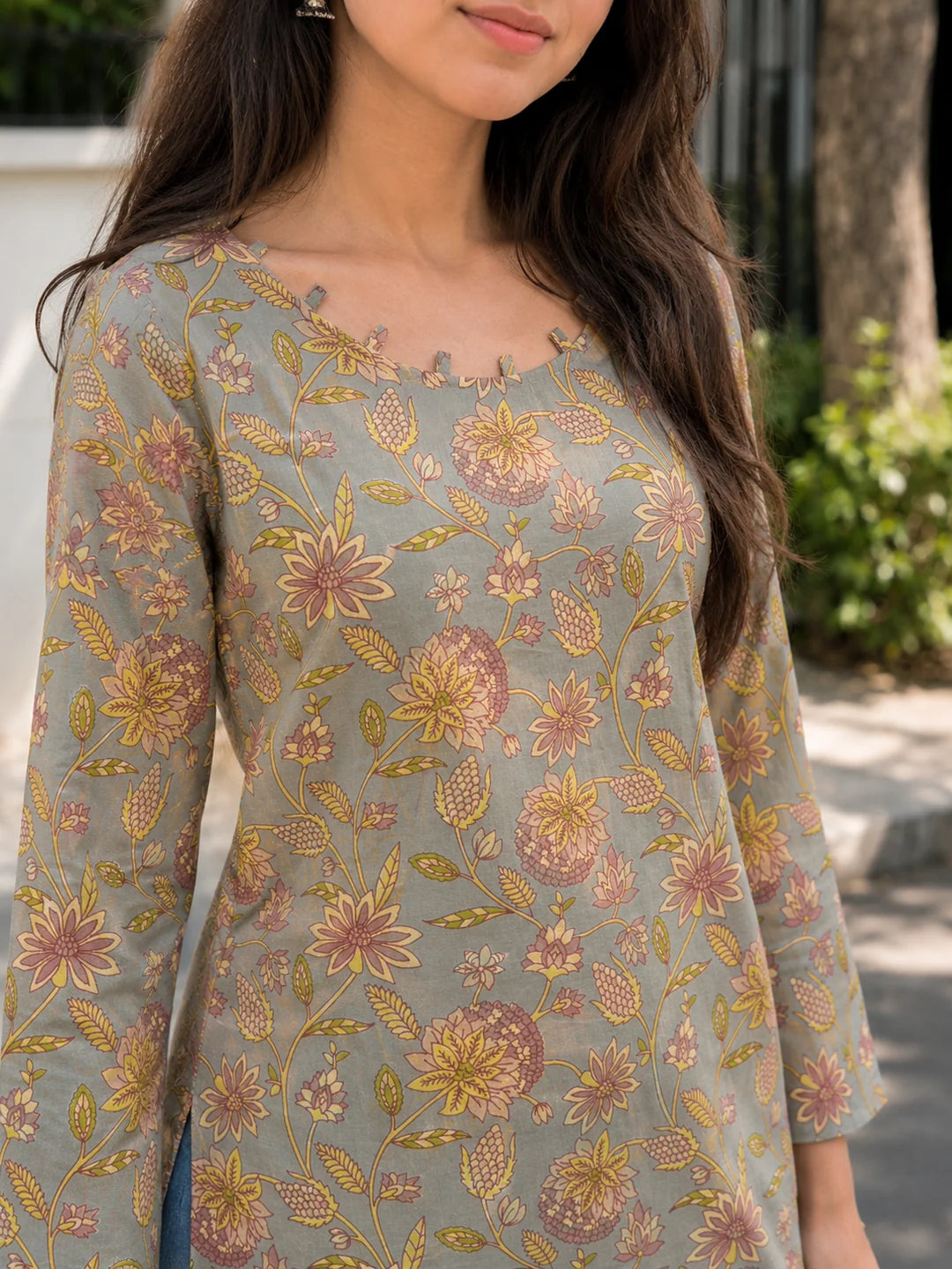 Grey & Brown Jaal Printed Short Kurti in Cotton