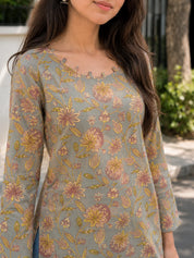 Grey & Brown Jaal Printed Short Kurti in Cotton