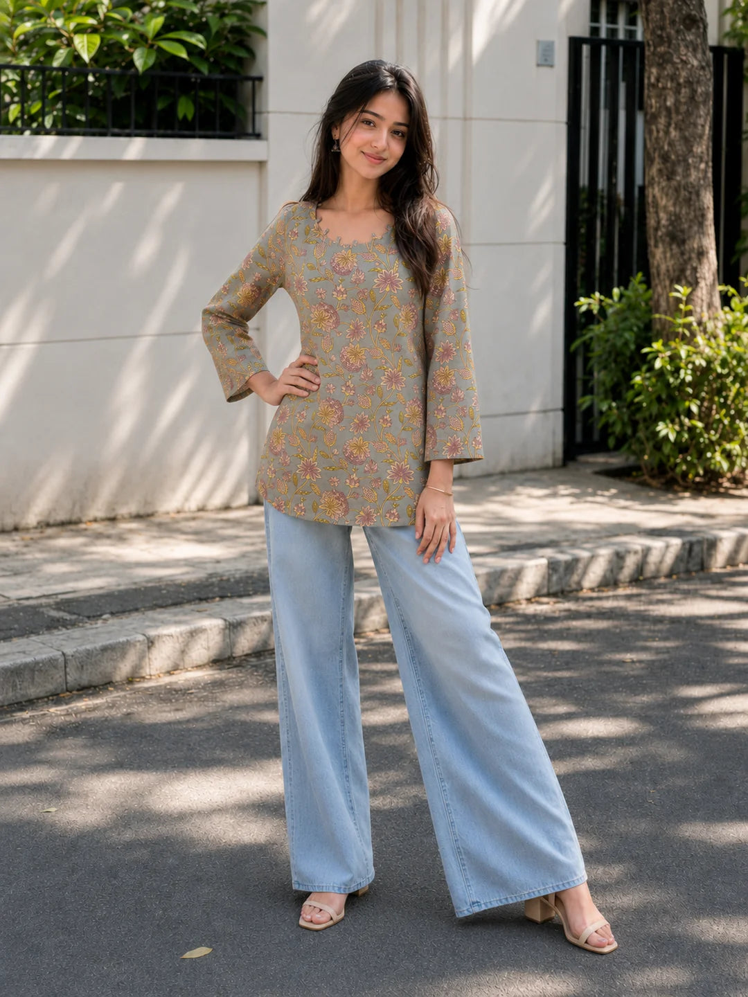 Grey & Brown Jaal Printed Short Kurti in Cotton