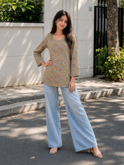Grey & Brown Jaal Printed Short Kurti in Cotton
