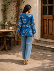 Blue Big Grey Floral Printed Short Kurti in Cotton