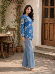 Blue Big Grey Floral Printed Short Kurti in Cotton
