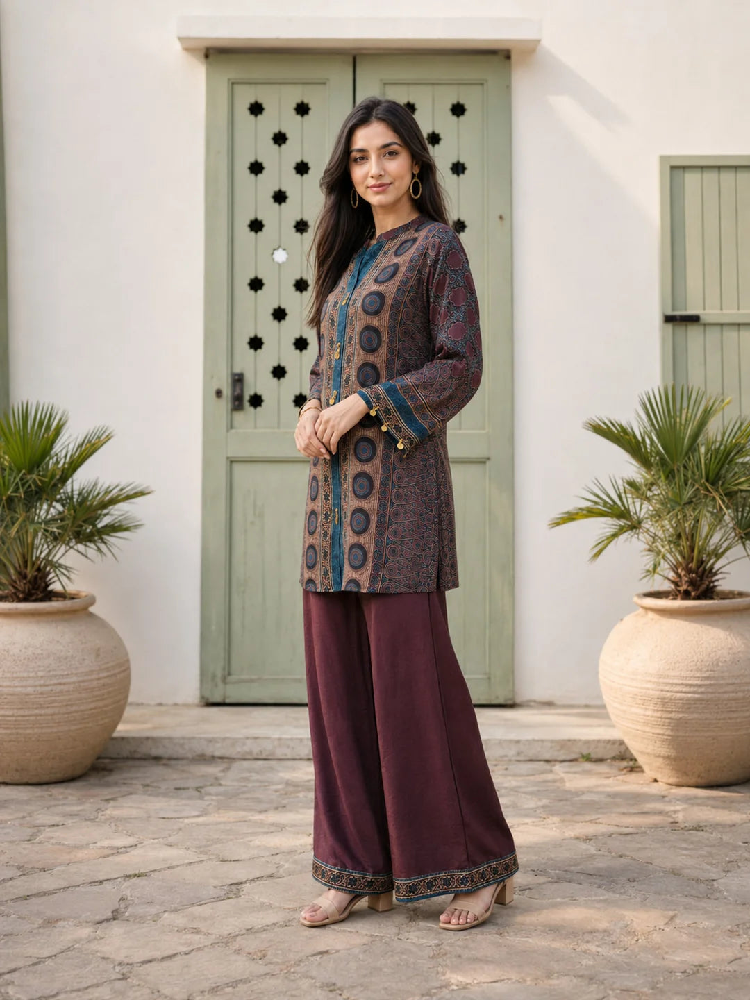 Brown Multi-Print Co-ord Set with Mandarin Collar in Muslin
