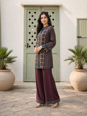 Brown Multi-Print Co-ord Set with Mandarin Collar in Muslin
