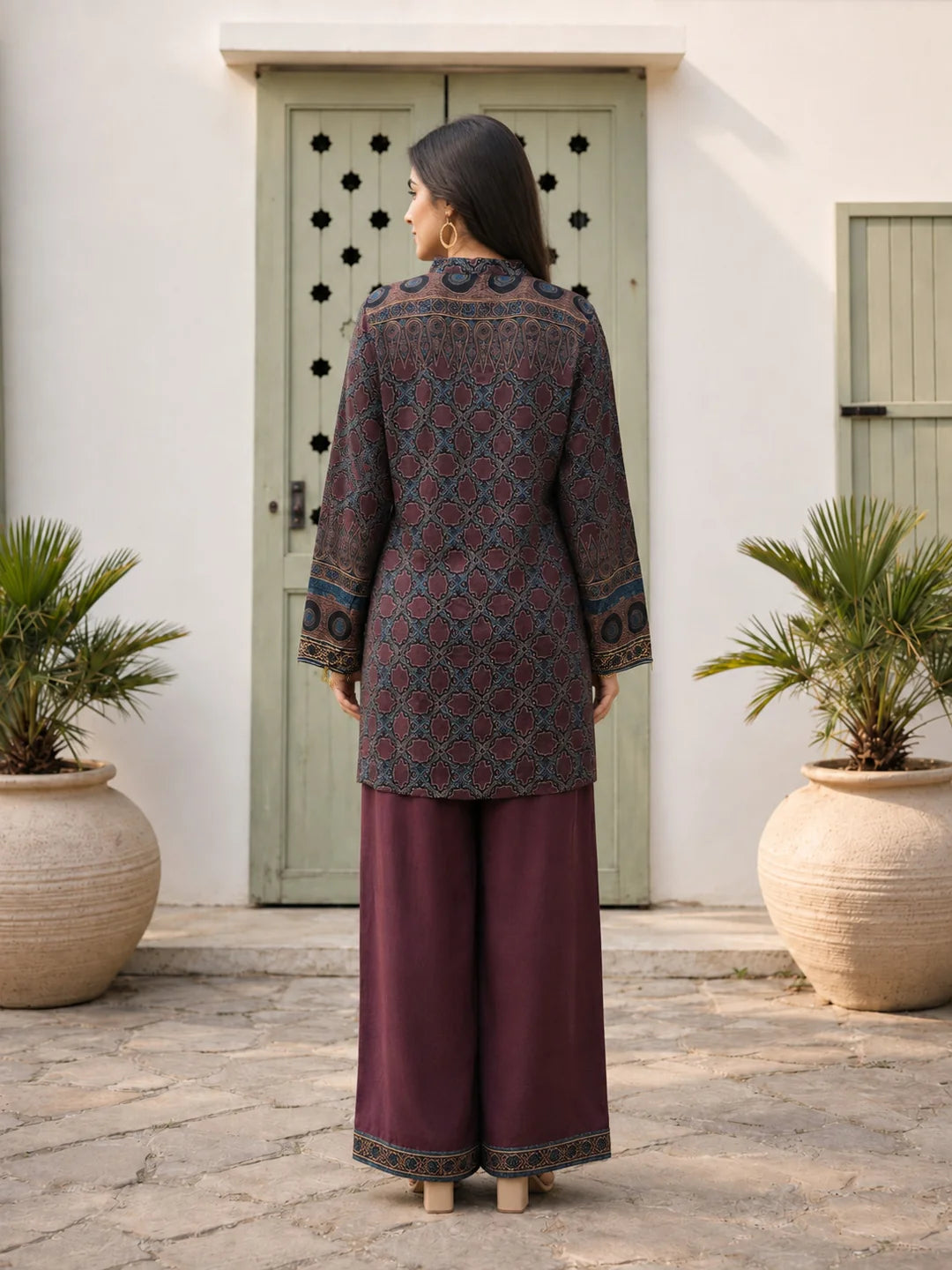 Brown Multi-Print Co-ord Set with Mandarin Collar in Muslin