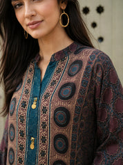 Brown Multi-Print Co-ord Set with Mandarin Collar in Muslin