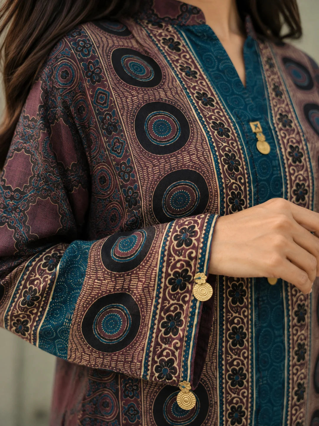 Brown Multi-Print Co-ord Set with Mandarin Collar in Muslin