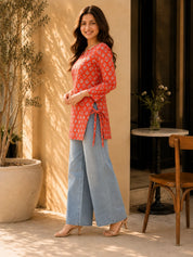 Vermilion Floral Buti Printed Short Kurti in Cotton