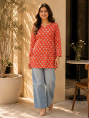 Vermilion Floral Buti Printed Short Kurti in Cotton