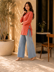 Vermilion Floral Buti Printed Short Kurti in Cotton