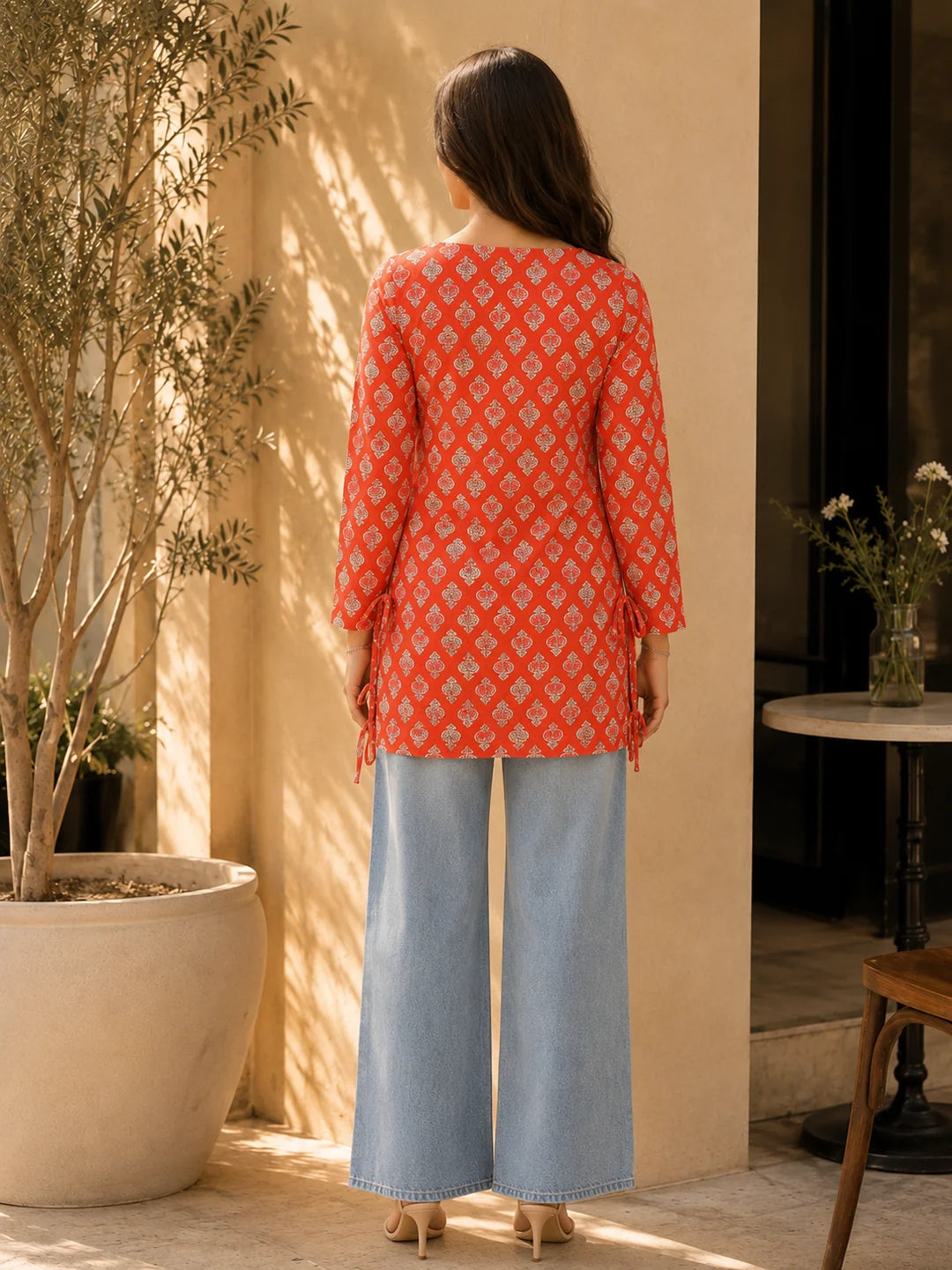 Vermilion Floral Buti Printed Short Kurti in Cotton