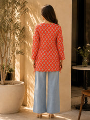 Vermilion Floral Buti Printed Short Kurti in Cotton