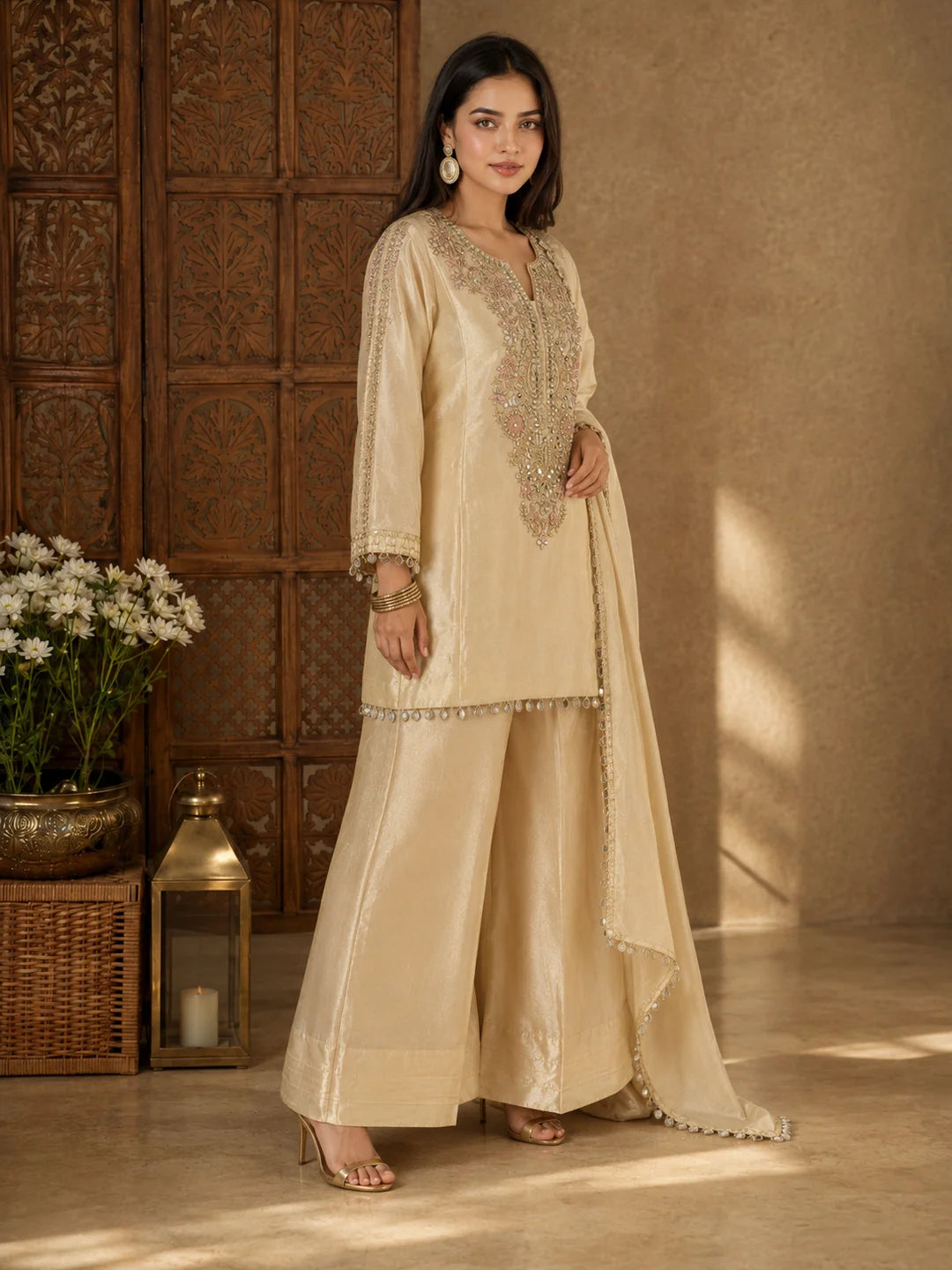 Beige Shimmer Tissue Kurta Set with Dupatta