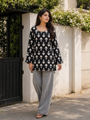 Black & White Ikat Printed Short Kurti in Cotton