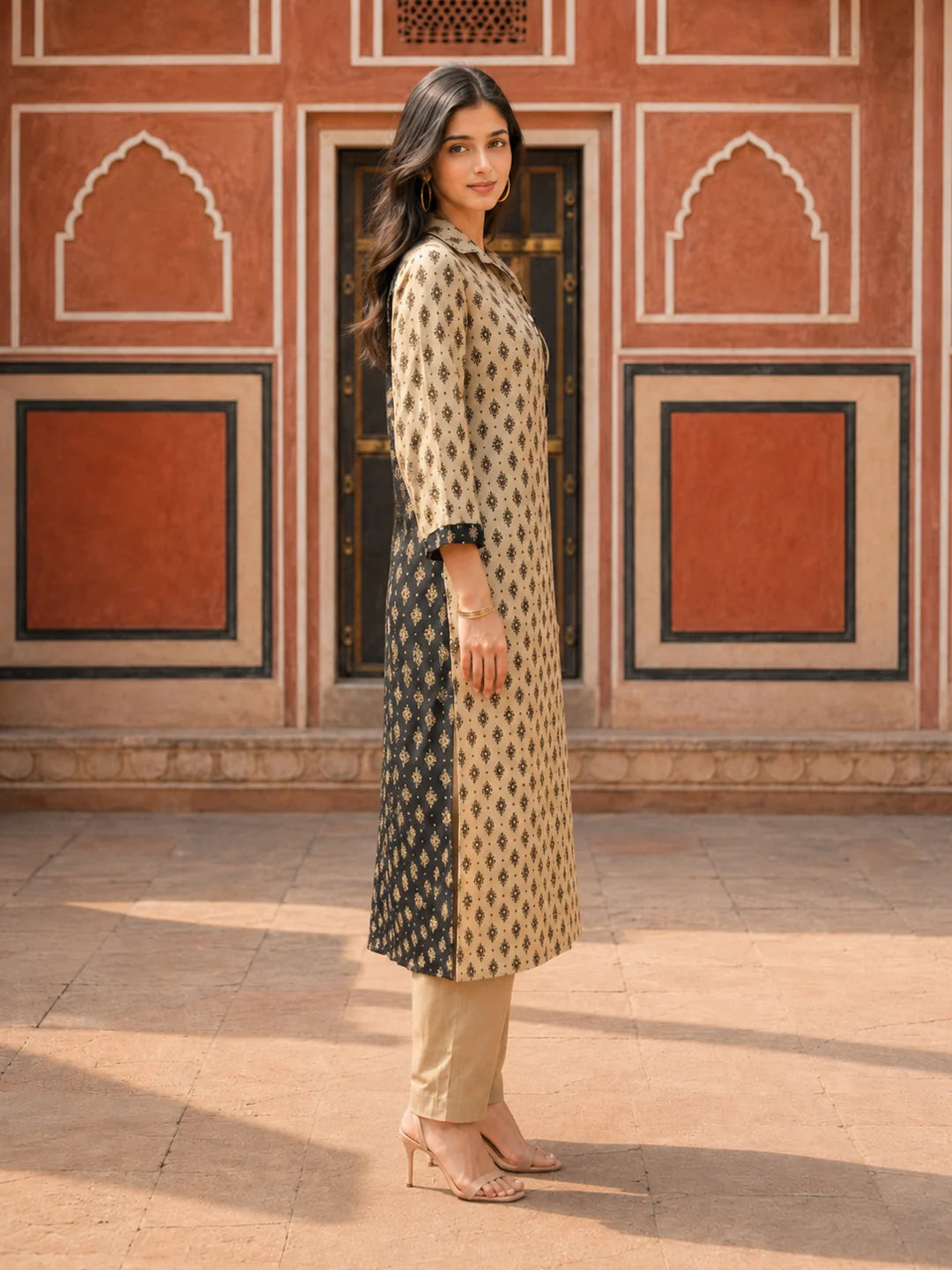 Beige & Black Floral Buta Printed Shirt-Collar Kurta Set  in Crepe