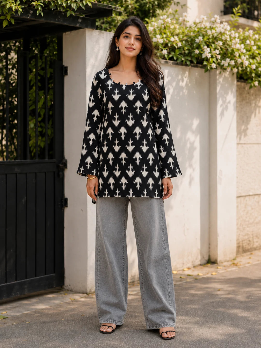 Black & White Ikat Printed Short Kurti in Cotton