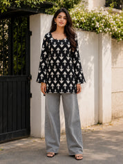 Black & White Ikat Printed Short Kurti in Cotton