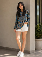 Grey and Blue Geometric Printed Crepe Half Placket Shirt