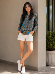 Grey and Blue Geometric Printed Crepe Half Placket Shirt
