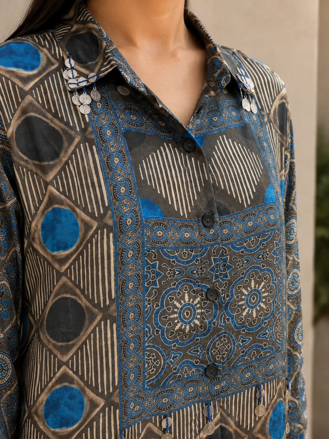 Grey and Blue Geometric Printed Crepe Half Placket Shirt