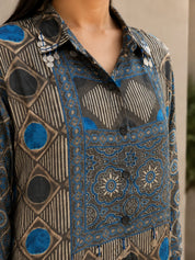 Grey and Blue Geometric Printed Crepe Half Placket Shirt