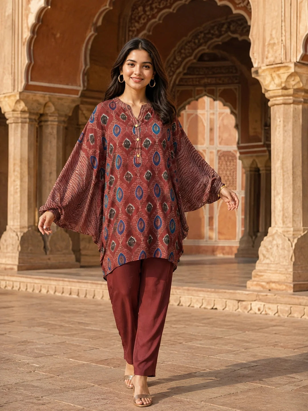 Maroon Abstract Printed Anti-Fit Eagle Style Co-ord Set in Crepe