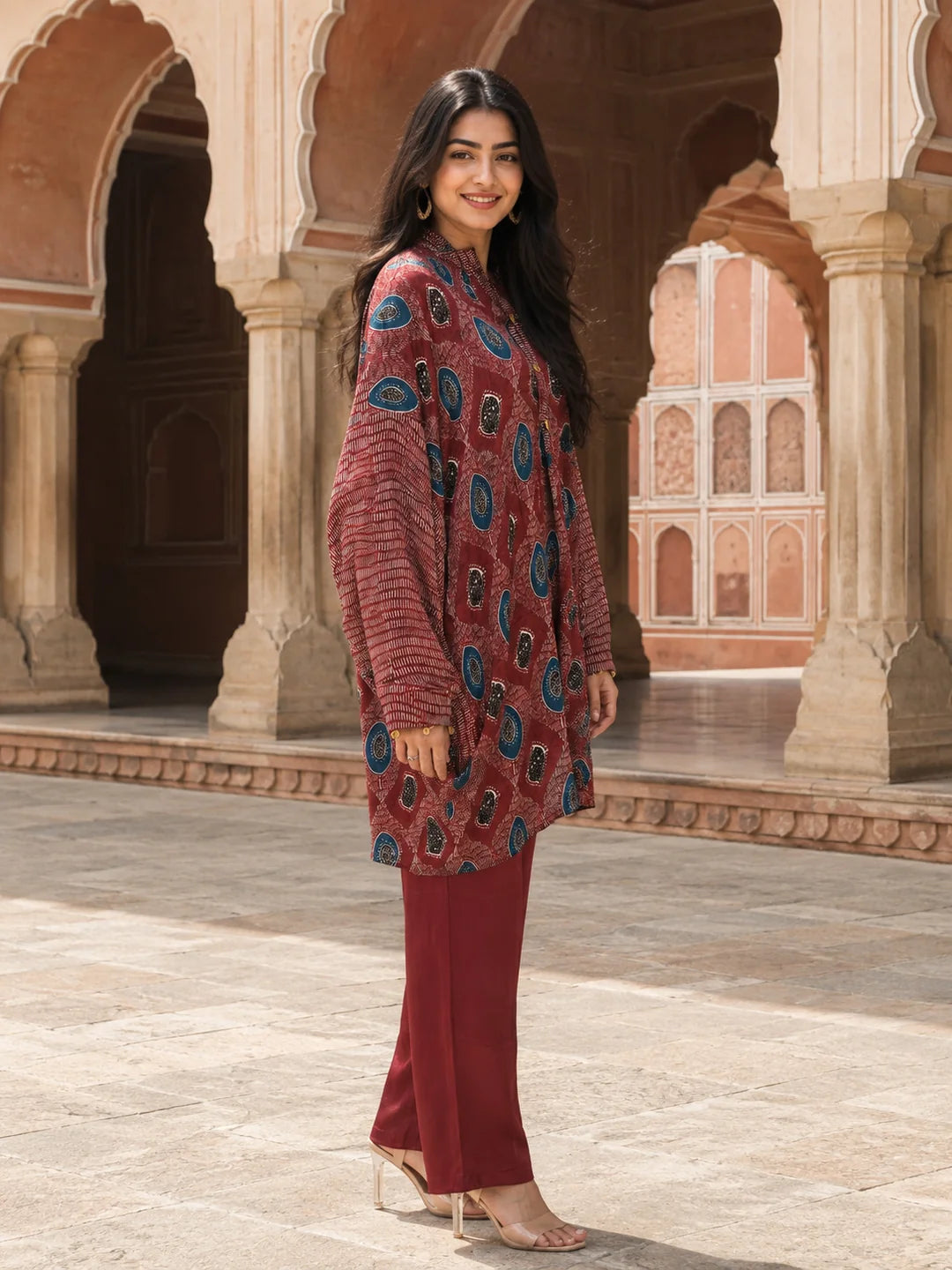Maroon Abstract Printed Anti-Fit Eagle Style Co-ord Set in Crepe