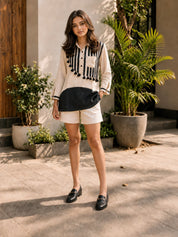 Cream & Black Striped-Yoke Abstract Printed Muslin Shirt