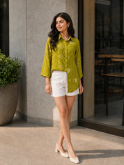 Moss Green Bandhani Printed Muslin Shirt