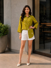 Moss Green Bandhani Printed Muslin Shirt