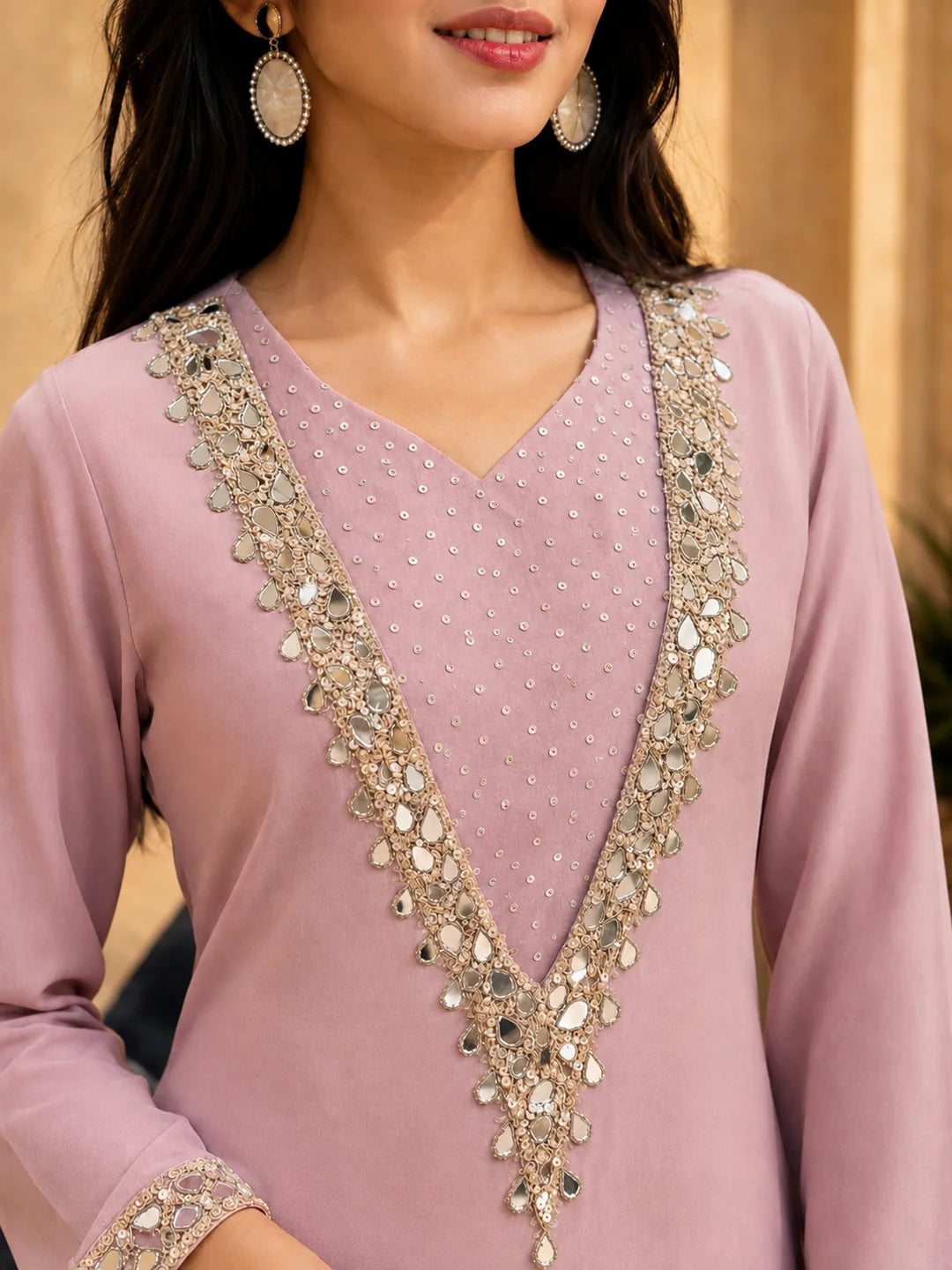 Lilac 3 Pc Chinnon Kurta Set with Bustier, Deep V Kurta & Sequin Mirror Embroidery