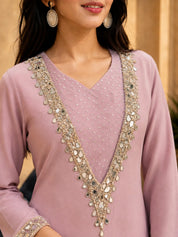 Lilac 3 Pc Chinnon Kurta Set with Bustier, Deep V Kurta & Sequin Mirror Embroidery