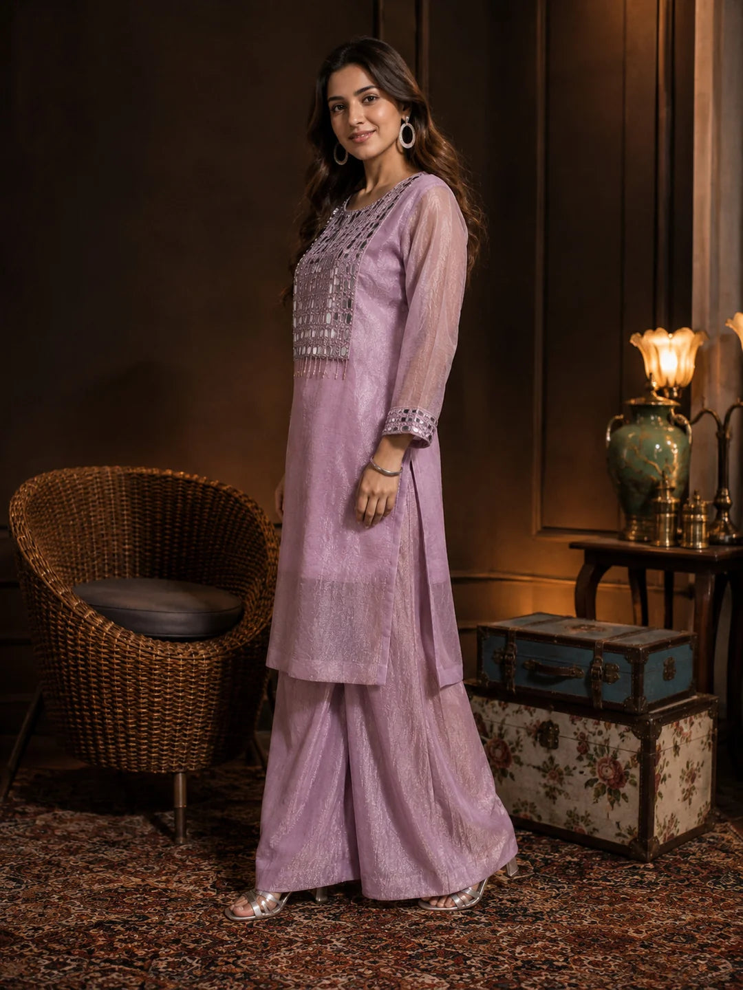 Lavender Mirror-Work & Beaded Yoke Tissue Kurta Set