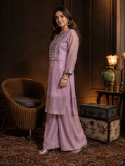 Lavender Mirror-Work & Beaded Yoke Tissue Kurta Set