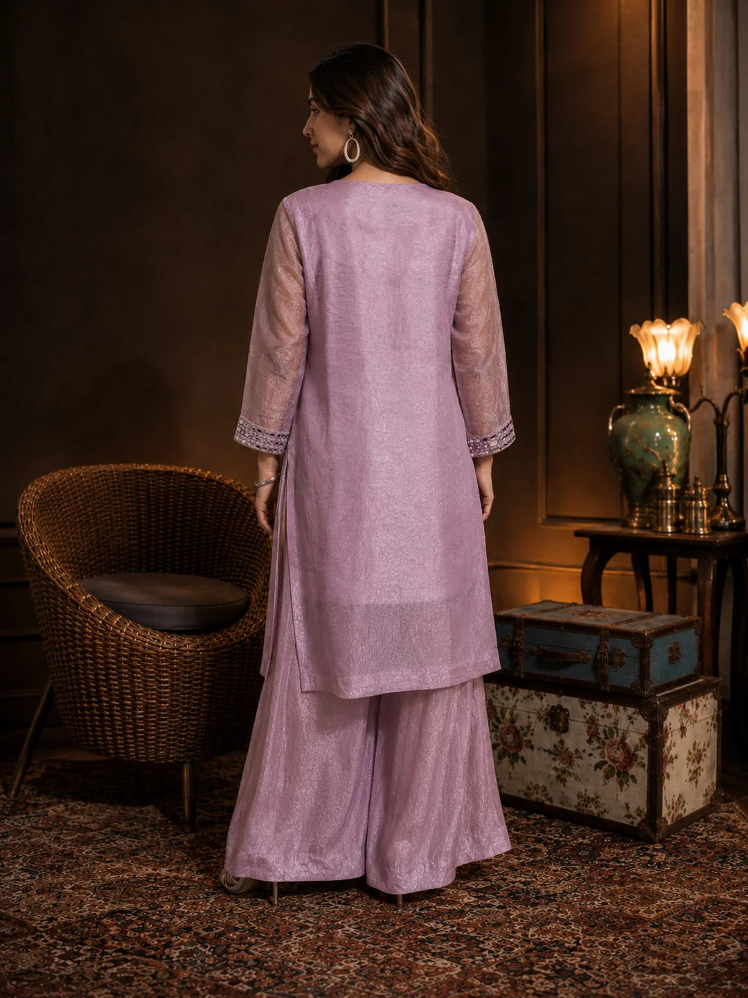 Lavender Mirror-Work & Beaded Yoke Tissue Kurta Set