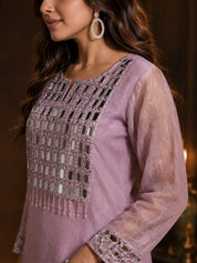 Lavender Mirror-Work & Beaded Yoke Tissue Kurta Set