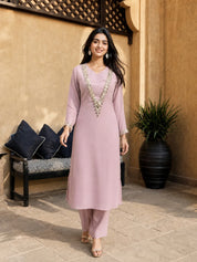 Lilac 3 Pc Chinnon Kurta Set with Bustier, Deep V Kurta & Sequin Mirror Embroidery