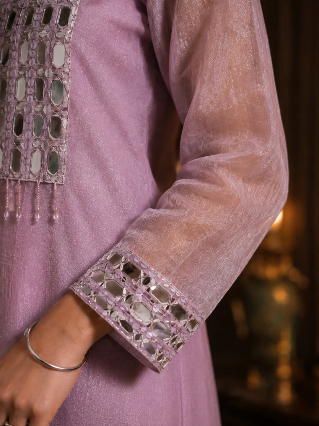 Lavender Mirror-Work & Beaded Yoke Tissue Kurta Set