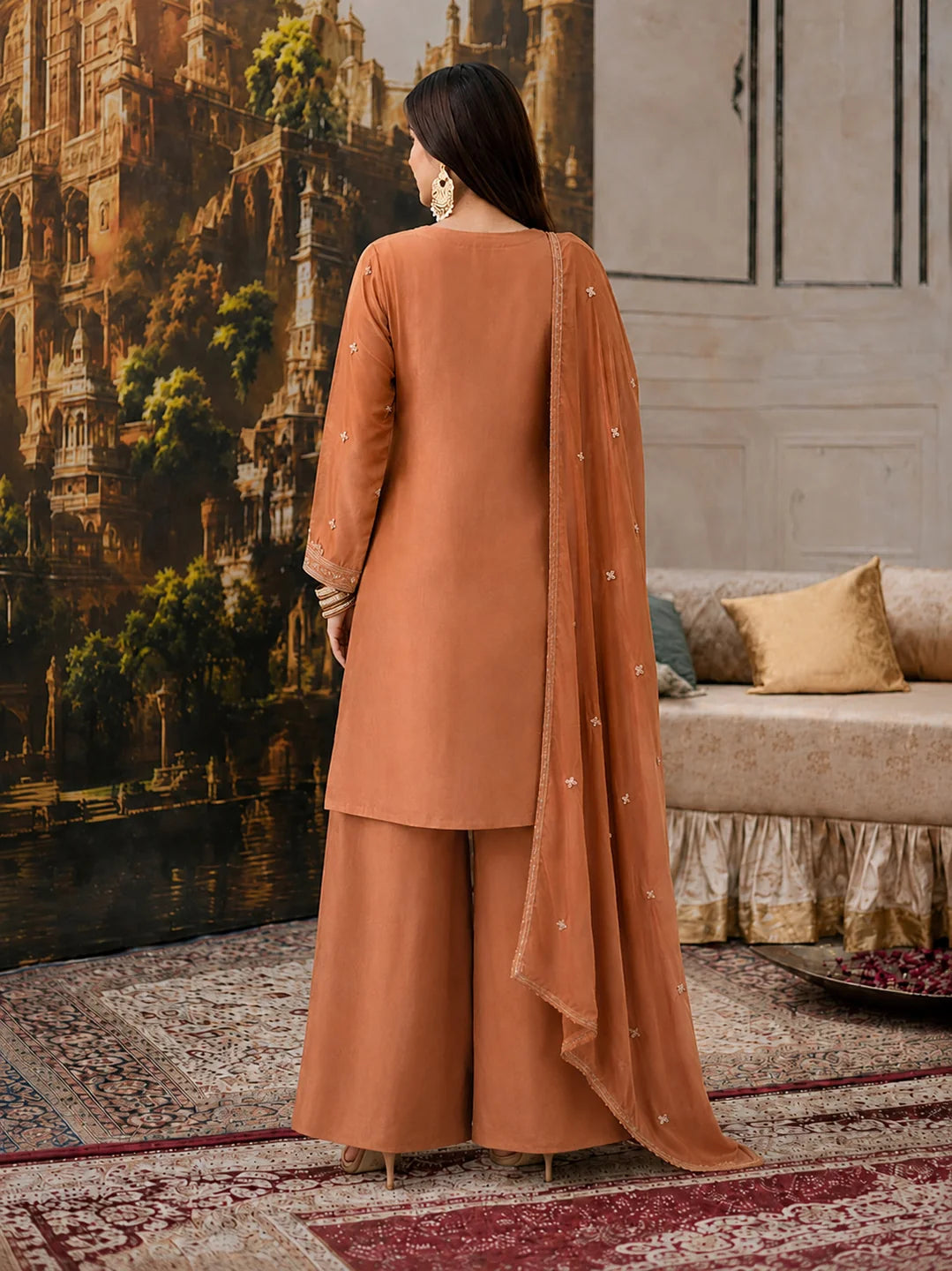 Rose Gold Embroidered Tissue Kurta Set with Dupatta