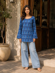 Blue & White Ikat Printed Short Kurti in Cotton