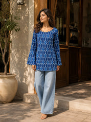 Blue & White Ikat Printed Short Kurti in Cotton