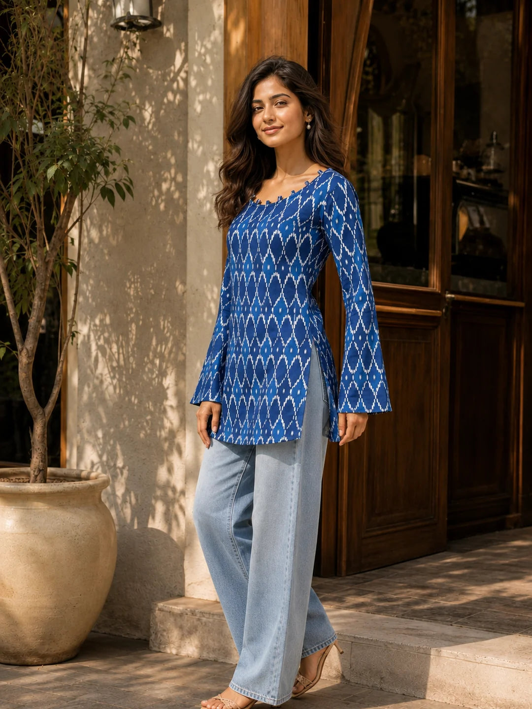 Blue & White Ikat Printed Short Kurti in Cotton
