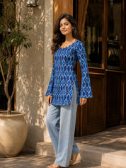 Blue & White Ikat Printed Short Kurti in Cotton