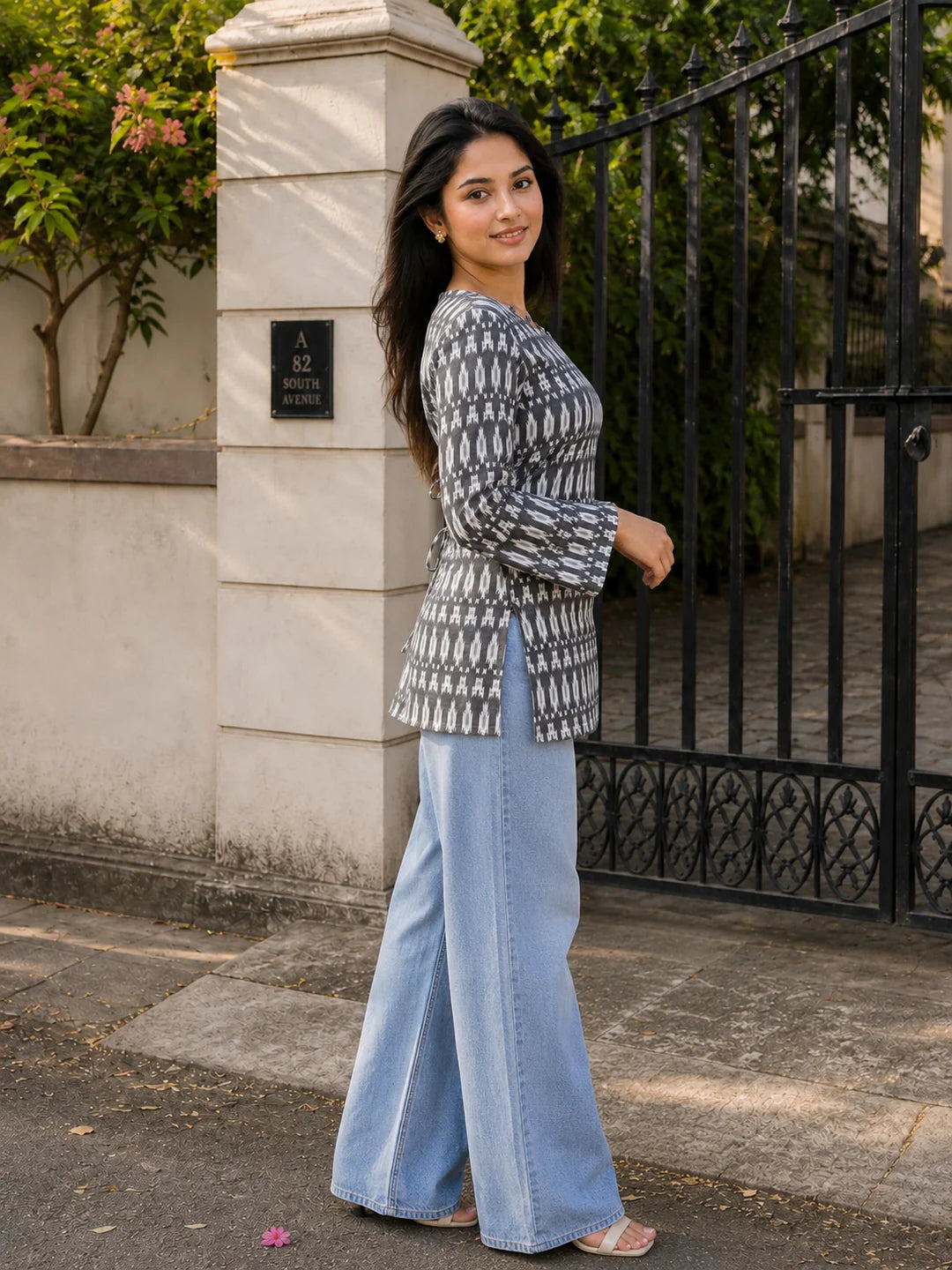 Grey & White Ikat Printed Short Kurti in Cotton