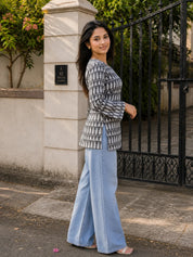 Grey & White Ikat Printed Short Kurti in Cotton