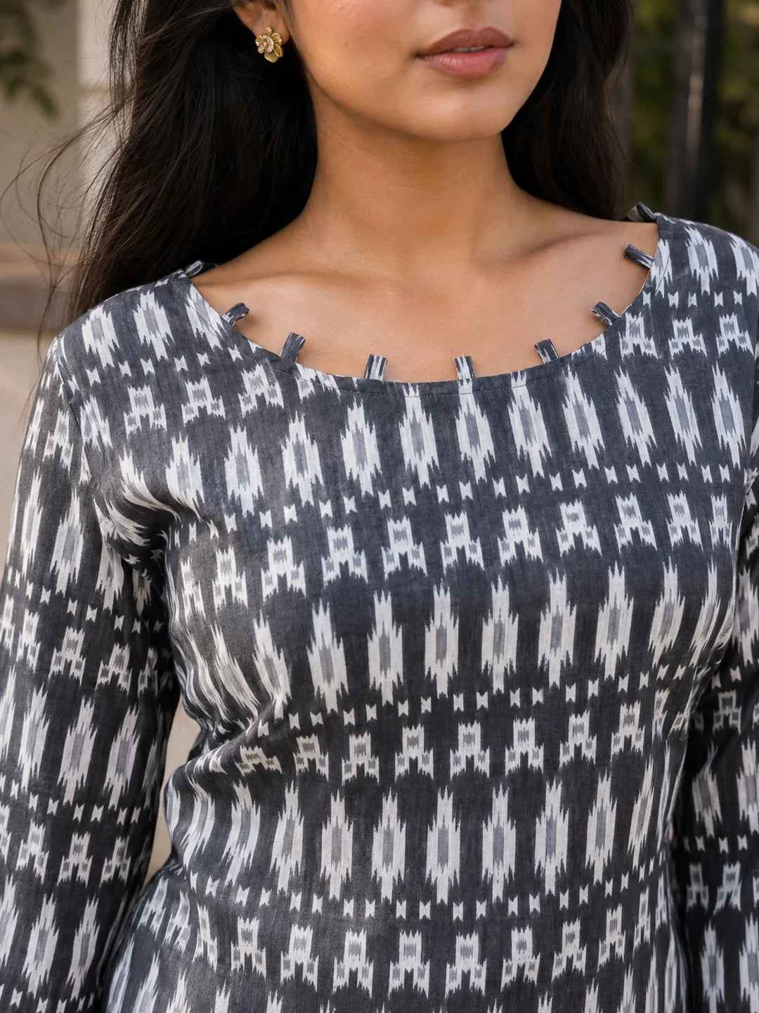 Grey & White Ikat Printed Short Kurti in Cotton